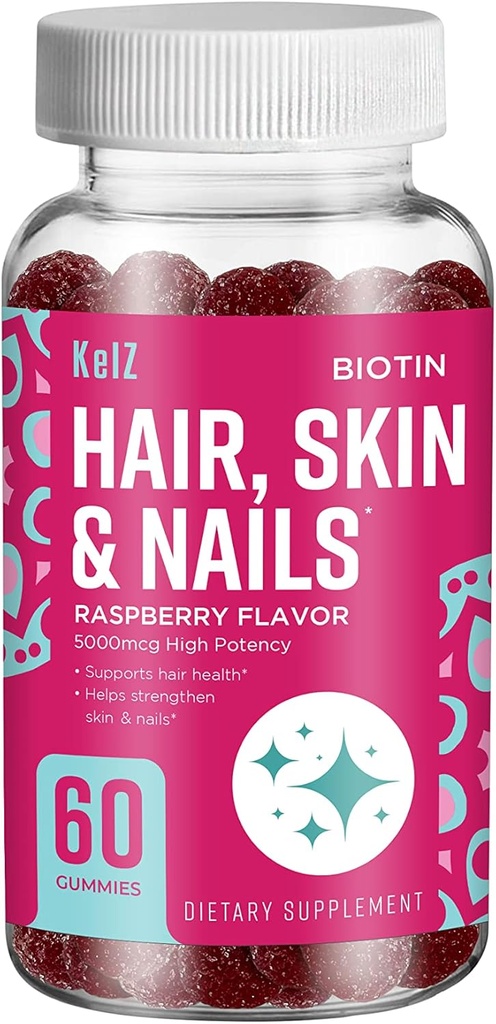 KelZ Biotin Saç, Skin & Nails Supplement Gummies, Raspberry Flavor, 60 Count (Böyük 1)