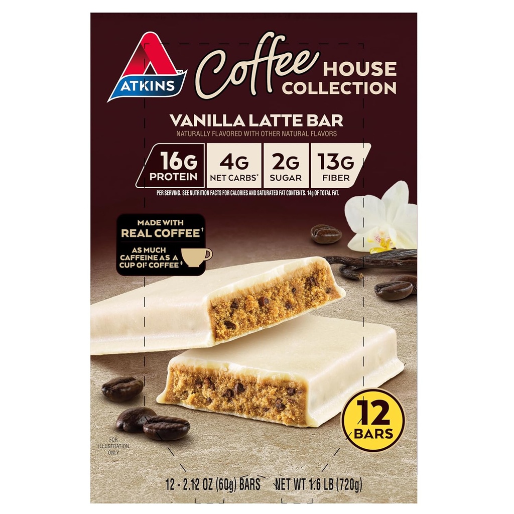 Atkins Coffee House Collection Vanilla Latte Bar, 16g Proteïne, 2g Suiker, 4g Net Carbs, 13g Vezel, 12 Tellen