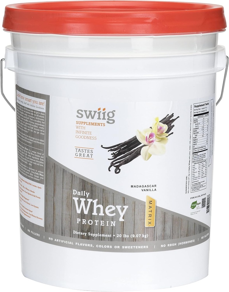 Swiig Premium Daily Whey Matrix, Vanilla 20lb - 20g Protein per Serving dengan Amino Acids for Muscle Recovery - Gluten- Free, Non- GMO, No Fillers, No Artificial Flavors