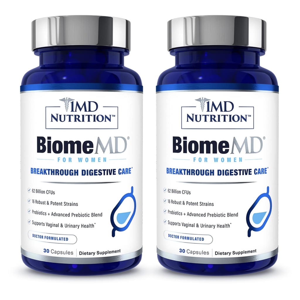 1MD Nutrition BiomeMD Probiotics for Women - 62 Billion CFUs, 16 Strains with Prebiotics | Supports Vaginal & Urinary Health - Doctor-Formulated | 30 Capsules (2-Pack)