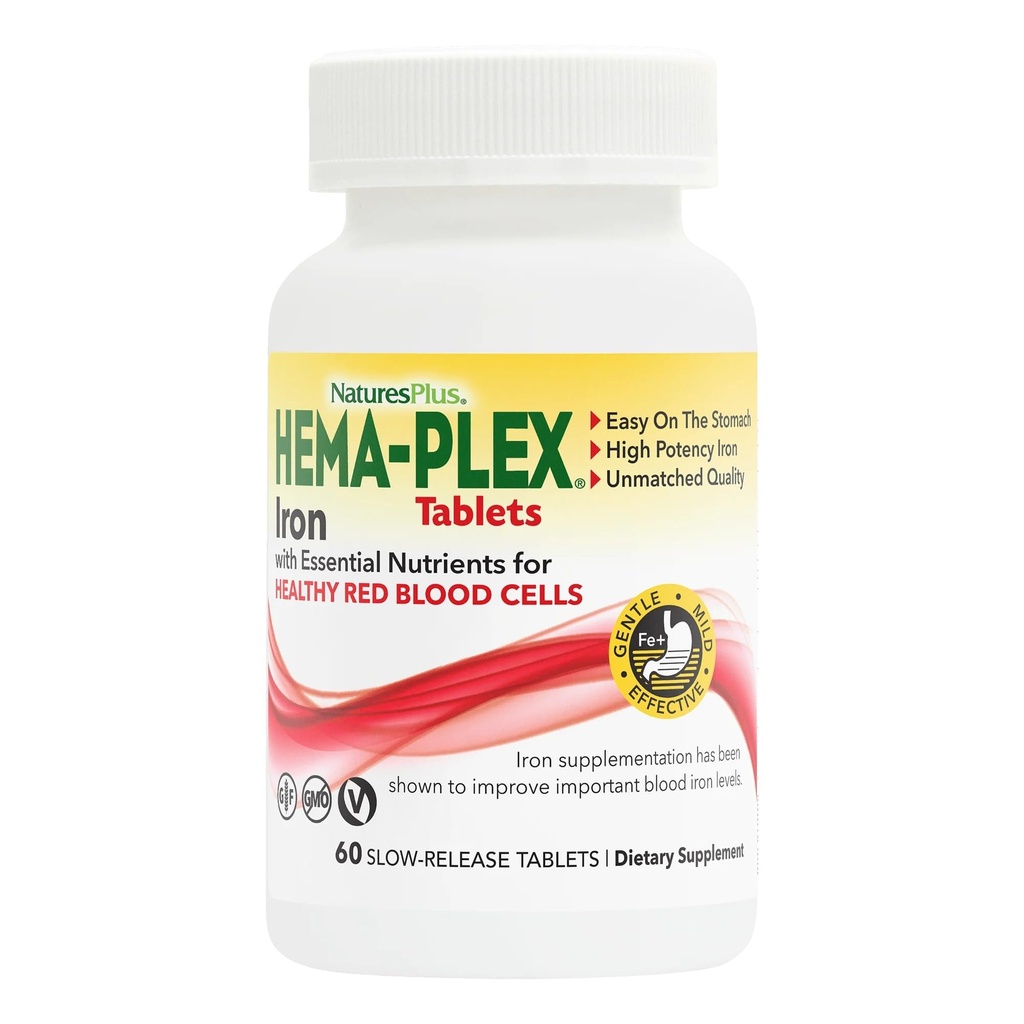 NaturesPlus Hema-Plex Iron - 60 Slow-Release Tablets - 85 mg Chelated Iron - Total Blood Health - With Vitamin C & Bioflavonoids - Non GMO, Vegetarian & Gluten Free - 60 Servings
