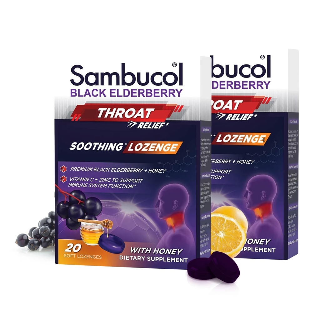 Sambucol Black Elderberry Throat Lozenge - Sore Throat Drops with Black Elderberry, Honey, Vitamin C & Zinc, Sore Throat Relief for Adults & Kids, Soothes Cough, Soft & Chewy - 20 Count, Pack of 2