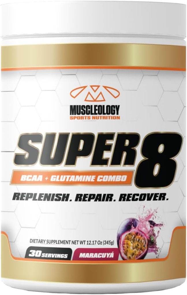 MUSCLEOLOGY Super 8 Augstas veiktspējas BCAA, Electrolyte & Glutamine Blend Formula - post-workout Recovery un muskuļu ēkas papildinājums, 30 Kalpošana (Maracuya)