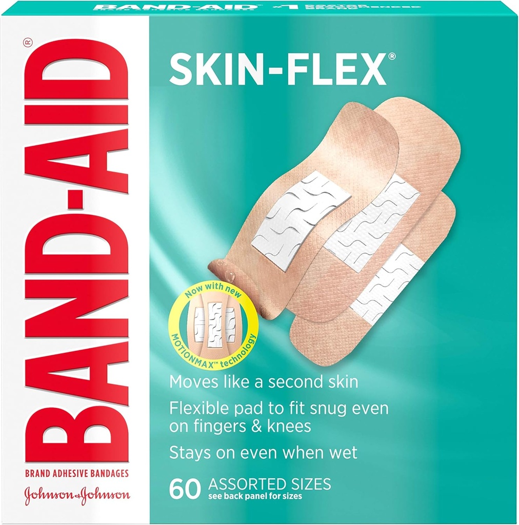 Bandas de banda-Aid Brand Skin-Flex Adhesive Bandages for First Aid & Wound Care of Minor Cuts, Scrapes & Burns, Flexible Sterile Bandages Great for Fingers, Hands & Knees, Tamaños ordenados, 60 ct