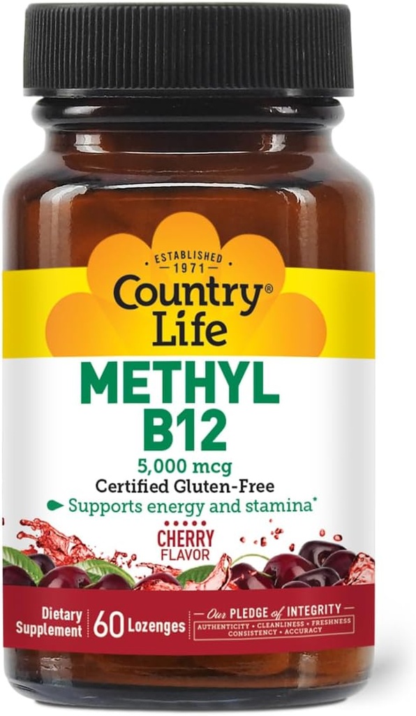 Country Life Methyl B12, soutient Energy & Stamina, 5000mcg, 60 Lozenges, certifié sans gluten, certifié végétalien, certifié non-OGM vérifié