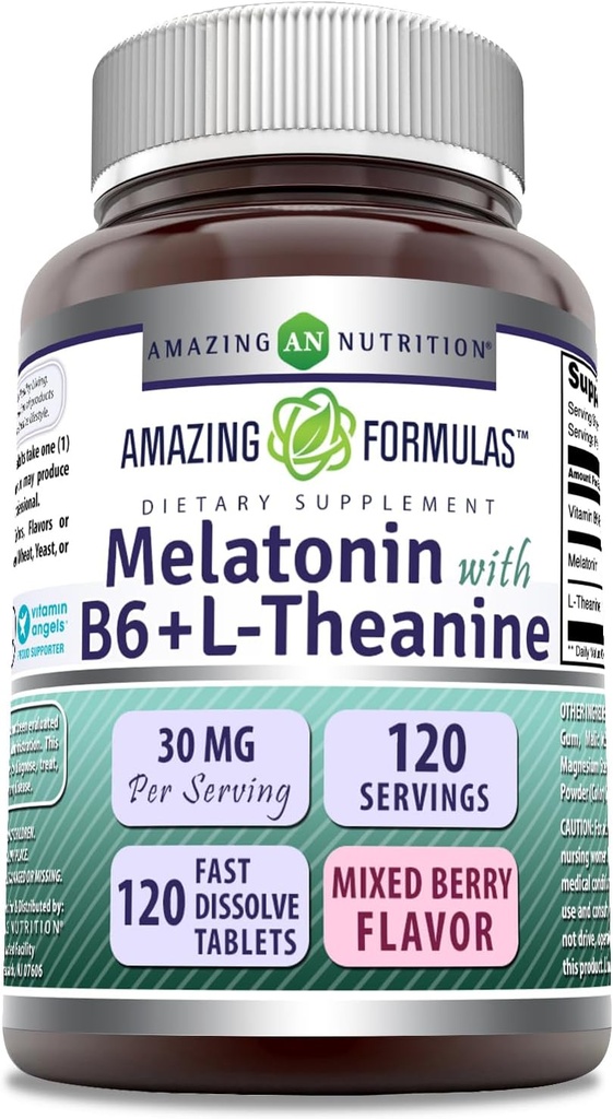 Hämmastavad valemid Melatoniin vitamiiniga B6 + L-Theanine Supplement | 30 Mg per Serving | Segatud marjamaitse | 120 tabletti | Mitte-GMO | Gluteenivaba | Valmistatud USAs