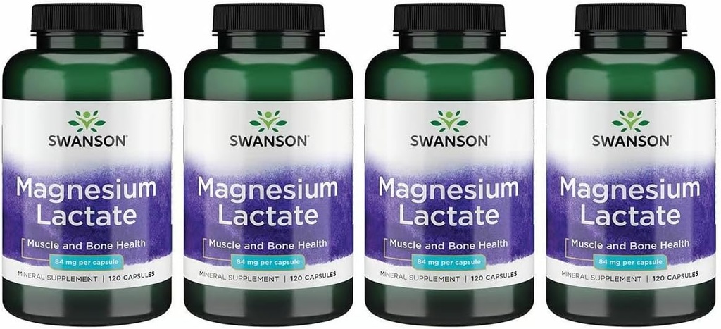 Swanson Magnesium Lactate - Mineral Suplemen Memproyeksikan Muscle and Bone Health Support - Lactoe- Free Lactate Mineral Form (120 Capsules, 84mg Masing-masing) 4 Pack