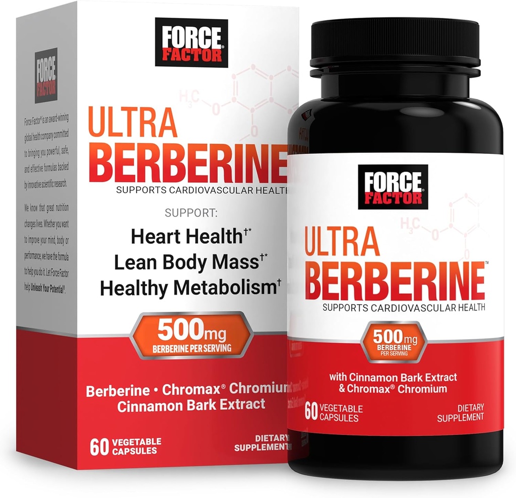 FORCE FACTOR Ultra Berberine, Berberine Supplement with 500mg Berberine HCl Plus Chromium & Fahéj Bark kivonat támogatása Metabolizmus & Napi Wellness, Non-GMO, Gluten Free, 60 növényi kapszula