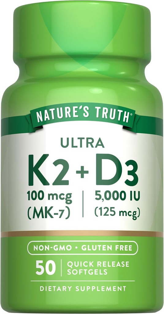 Dabas patiesība Vitamīns K2 MK7 komplekss - 100 μg - 50 softgeli - ar D3 -- ne-ĢMO un bez glutēna