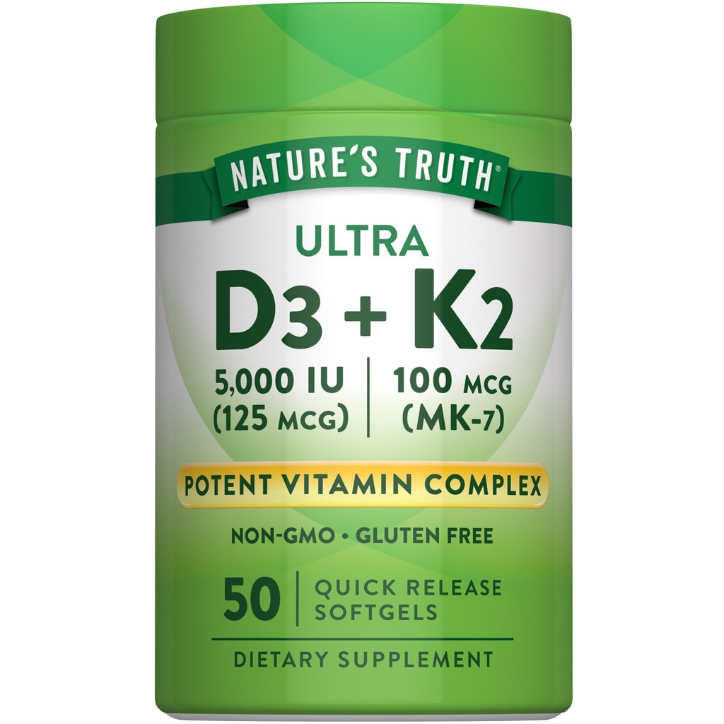 Nature's Truth Vitamin K2 MK7 Complex | 100 mcg | 50 Softgels | with D3 | Non-GMO & Gluten Free Supplement