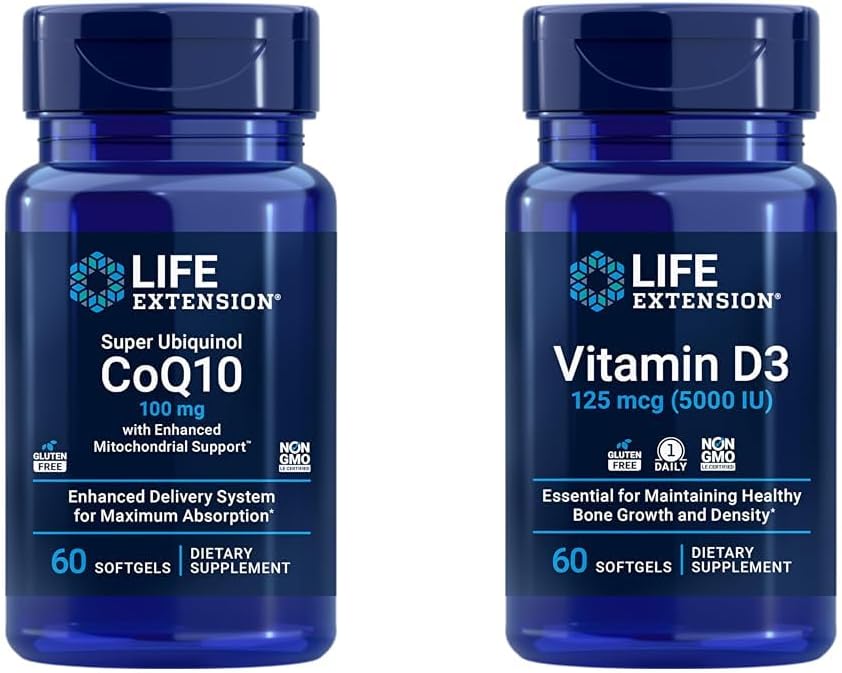 Extensión de vida Super Ubiquinol CoQ10 con apoio mitocondrial mellorado e vitamina D3 125 mcg (5000 IU)