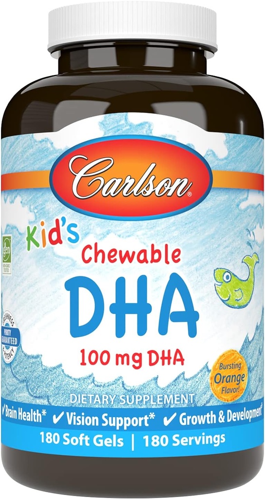 Carlson - Kid 's Chewable DHA, 100 mg DHA, Brain Health, Vision Function, Growth & Development, Orange, 180 Chewable Softgels