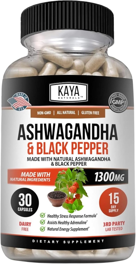 Kaya Naturals Ashwagandha Root with Black Pepper Ø Maximum Strength 1300mg Adaptogen Supplement, Support Adrenal, Glandular Health, Mood Relief, Focus, Energy &amp; Vitality for Men &amp; Women