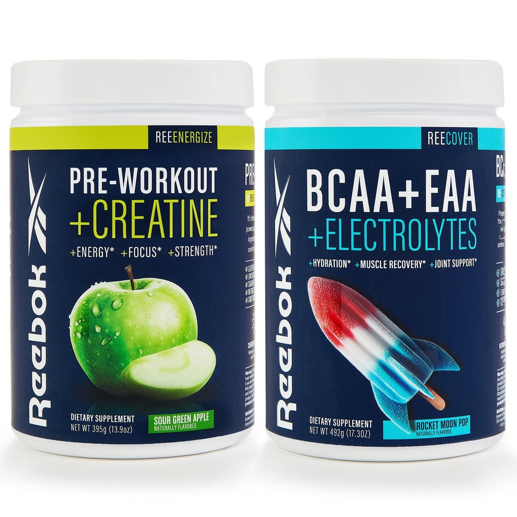 Reebok REEenergize & REEcover Bundle | Pre-Workout + BCAA Performance Pack | Sour Green Apple & Rocket Moon Pop | Complete Training System