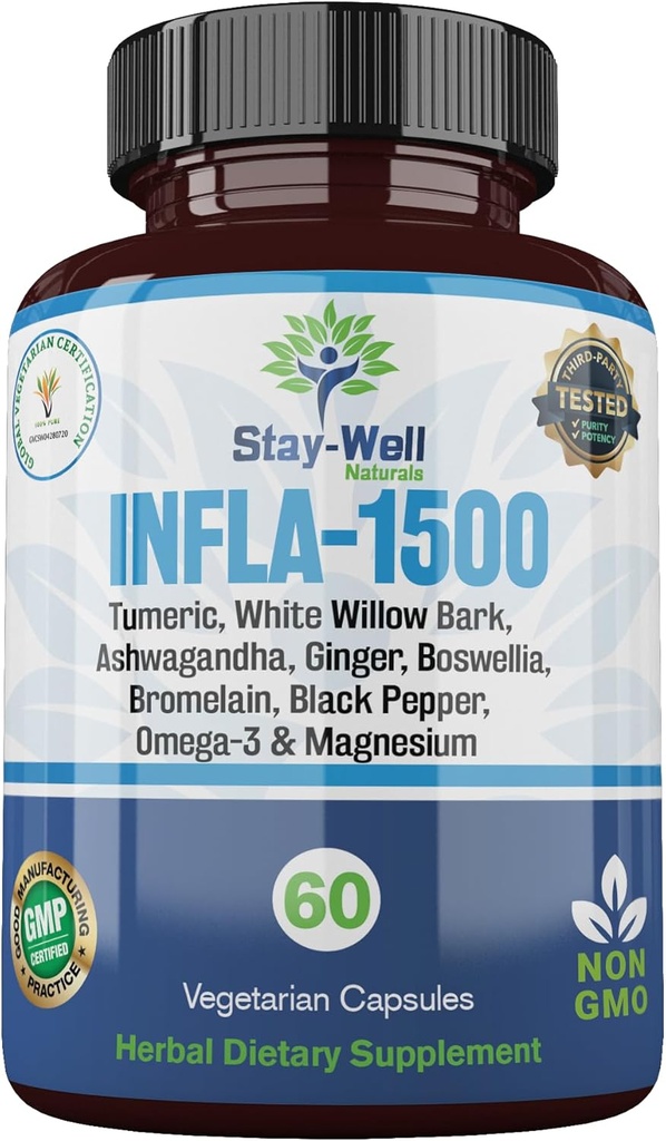 Infla-1500 全自然救济补充品 与Turmeric, White Willow Bark, Ashwagandha, Ginger, Boswellia, Bromelain, Omega-3 和 镁-60ct混合