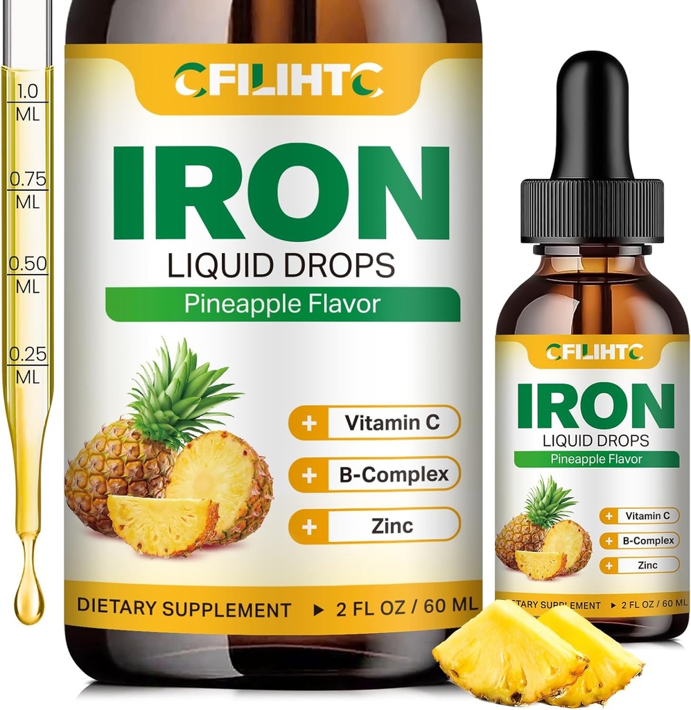 Líquid Iron suplementari per a Dones i nenes multivitamin Iron Gotes de Ferro amb Frute, Vimina C, B6, B12, Zinc per a Anemia, Defícia de Ferro, Constructor de sang, Energia natural - Pinya Flavor, Vegan 2 Oz