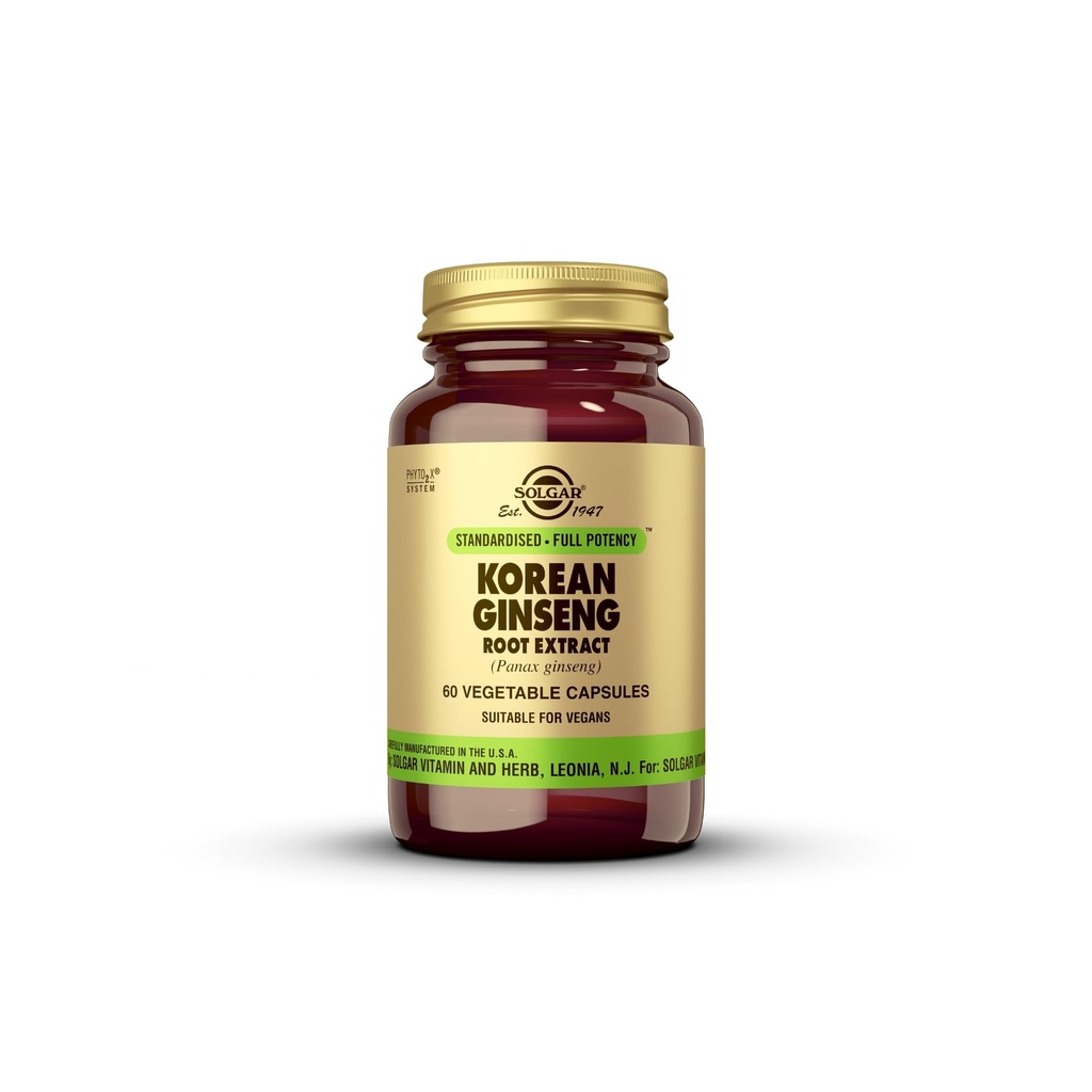 Solgar Korean Ginseng Root Extract, 60 Vegetable Capsules - Immune Support - Standardized, Full Potency (SFP) - Non-GMO, Vegan, Gluten Free, Dairy Free, Kosher - 60 Servings, Standard Packaging
