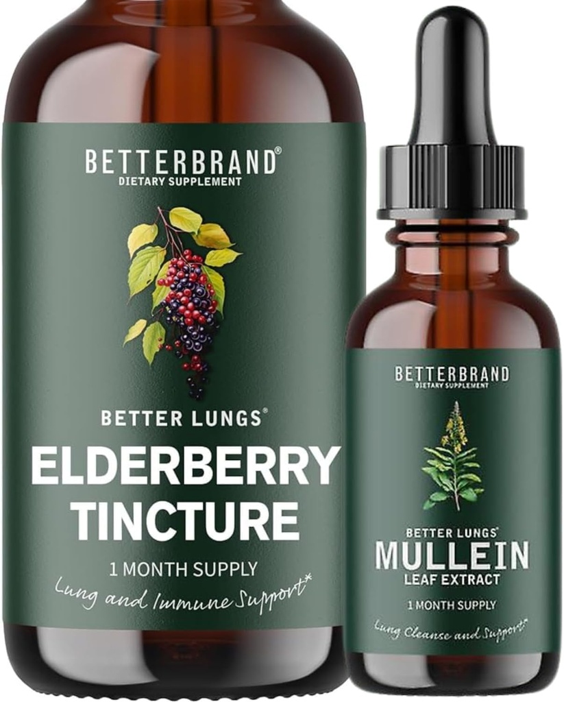BetterLungs Mullein 잎 추출물과 Elderberry Tincture 번들 - 폐 건강 지원