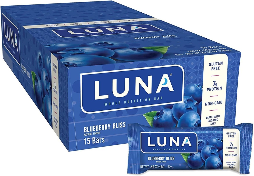 LUNA BAR - Lanchonete sem glúten - Blueberry Bliss Flavor - 7g de proteína - Não-GMO - Lanchonete saudável baseado em plantas - No Go Snacks (1.69 Ounce Snack Bars, 15 Conde)