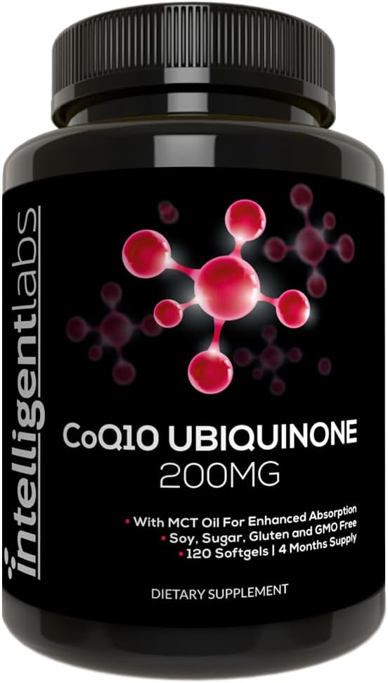 Laboratorios intelixentes Ubiquinone 200mg Softgels | Coenzima Q10 con aceite MCT para absorción Max | Soy, Sugar, Gluten e GMO-Free | 120 servizos | 120 días de subministración