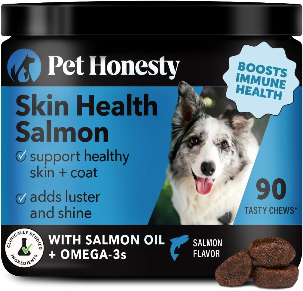 Pet Honesty ādas veselība Salmon Chews - Niedru atvieglojums suņiem, Omega 3 Zivju eļļa suņiem, Dabīga Salmon Oil suņiem Košļājamās ādas un apvalki, var samazināt Shedding, suņu zivju eļļas piedevas - 90 Ct