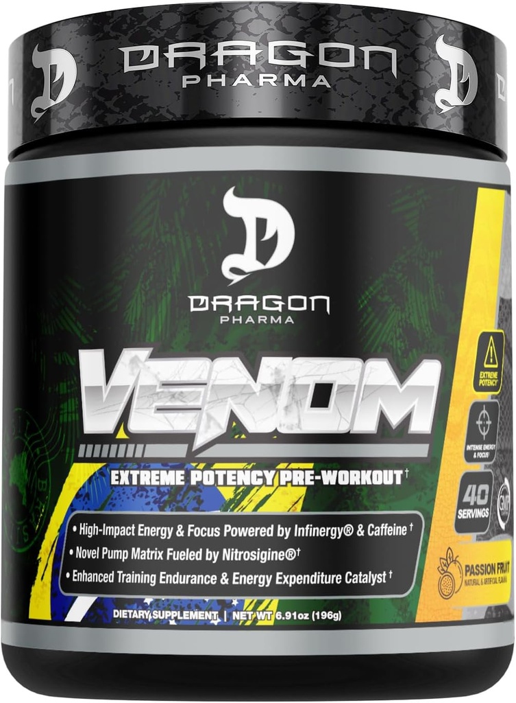 DRAGON PHARMA Venom Extreme Potency Pre-Workout, Laser Sharp Focus + Energy, Intense Performance, tõestatud koostisosad täiustatud vasodilatatsiooni ja vastupidavuse (40 Servings, Passion Fruit)