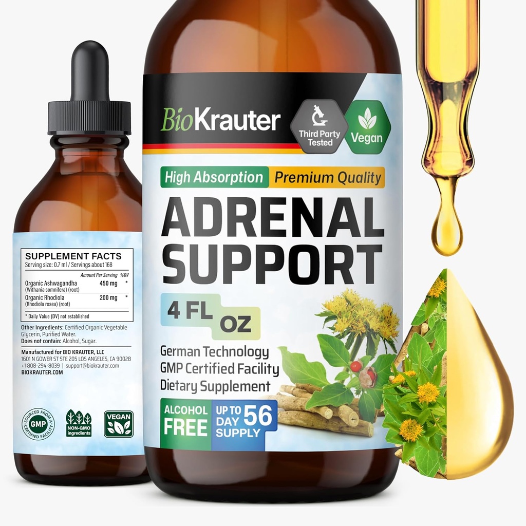 BIO KRAUTER Adrenal Support Tincture - Rhoddiola & Ashwagandha doplňky - Vegan Mood Support Drops 4 Fl.Oz.