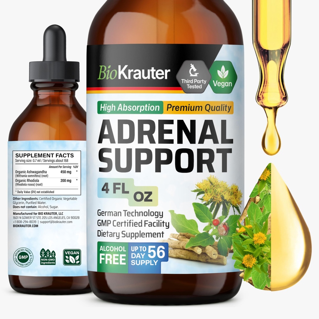 BIO KRAUTER® 2-in-1 Adrenal Support Supplements with Ashwagandha & Rhodiola Rosea for Relax & Mood Support - Natural Adrenal Complex for Men & Wonen - 4 Fl.Oz., 56-Day Supply, Alcohol & Sugar Free