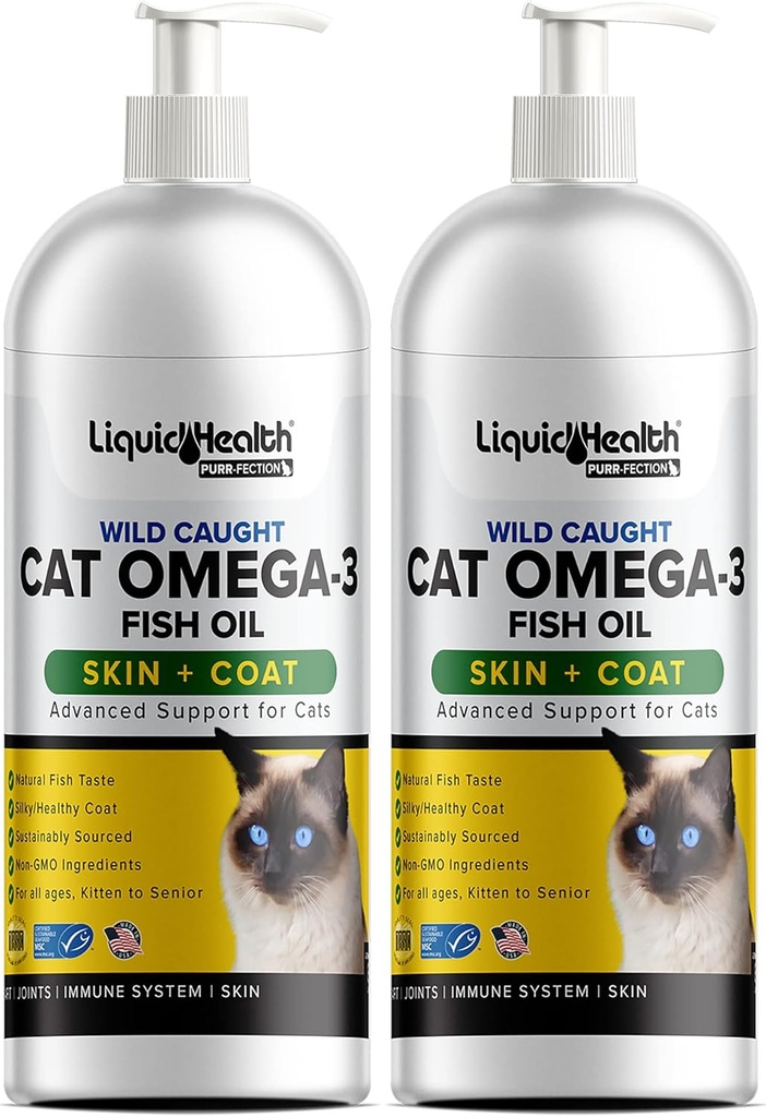 Liquid Health Pets Wild fångade Omega 3 Fiskolja för katter - Liquid Omega 3 Supplement för katter med EPA + DPA + DHA - Minska Itching, Support Joint, Immunity, Brain, Heart Health - Made in the USA (2 Pack)