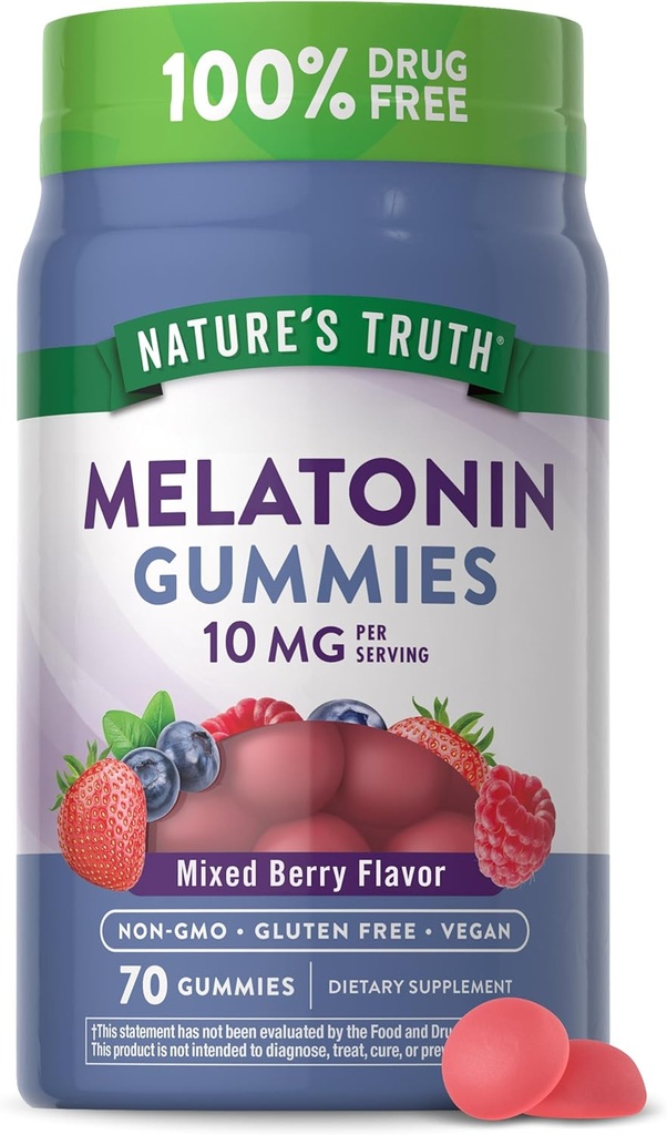 Naturens Sanning Melatonin 10mg Gummies | 70 greve | Berry Flavor | Vegan, icke-GMO och Gluten fri tillägg