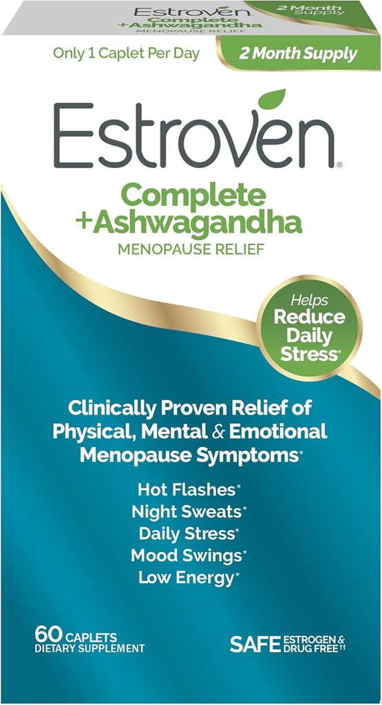 Estroven Complete + Ashwagandha Multi-Symptom Menopause Qadınlar üçün əlavə - 60 Ct. - Klinik Proven Materiallar Menopause Yardım və Night Ters + Hot Flash Relief * - Drug-Free & Non-GMOMO