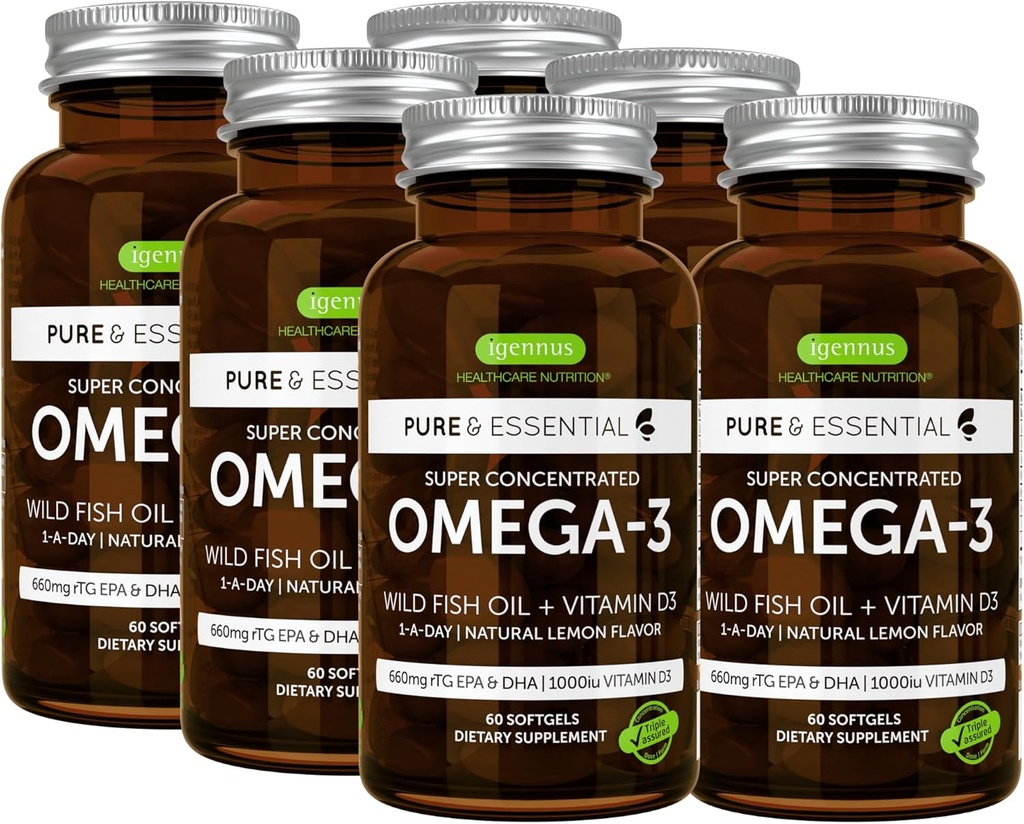 Igennus 高级 rTG Omega-3 IFOS 认证的野生鱼油和维生素 D3, 1-a-day,脂肪酸 EPA & DHA, 快动作Triglyceride Form, Ultra Pure & Non-GMO, 360 Softgels