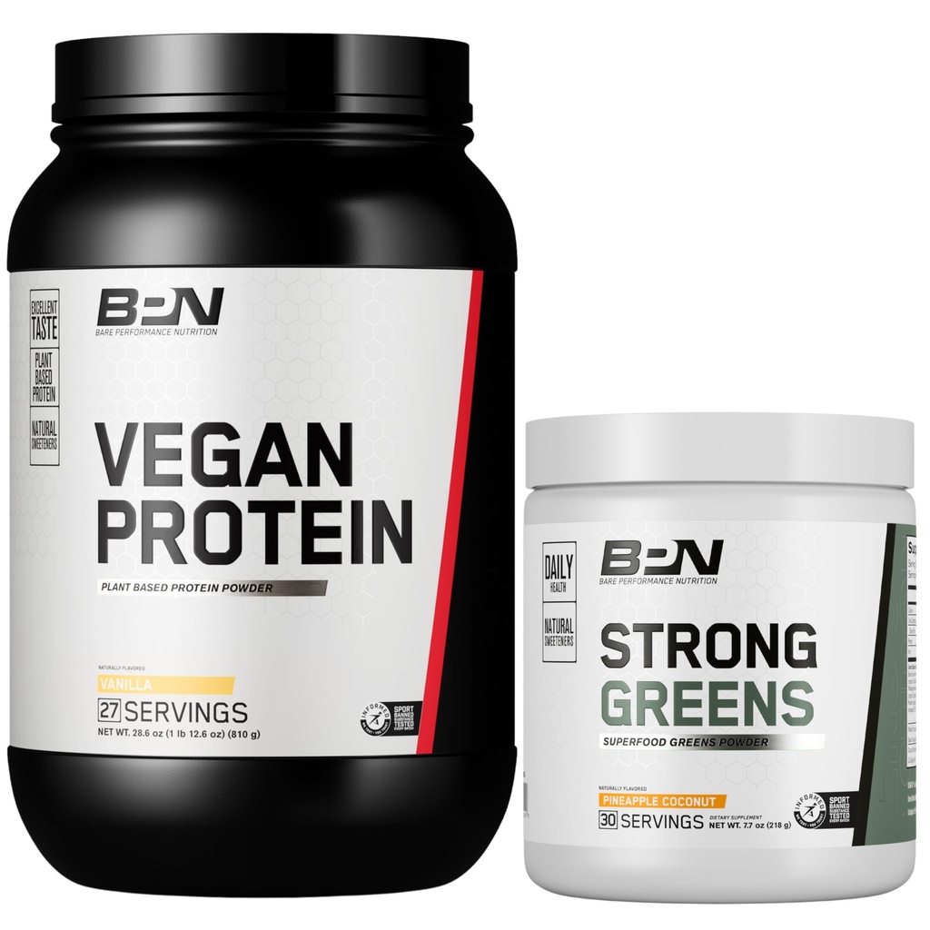 BARE PERFORMANCE NUTRITION BPN Vegan Vanilla Protein + Strong Greens Pineapple Coconut Bundle