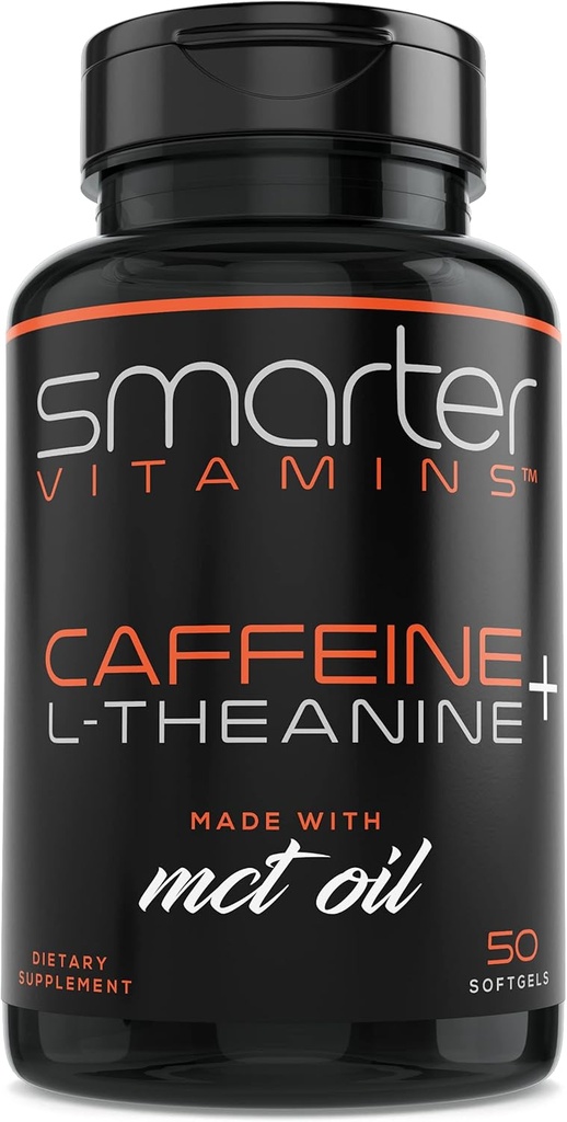 SmarterVitamins 200mg Кофеин хапчета - MCT Oil from 100% Coconuts + 100mg L-Theanine, Energy and Focus, Extended Release Capsule, 50 Liquid Softgels