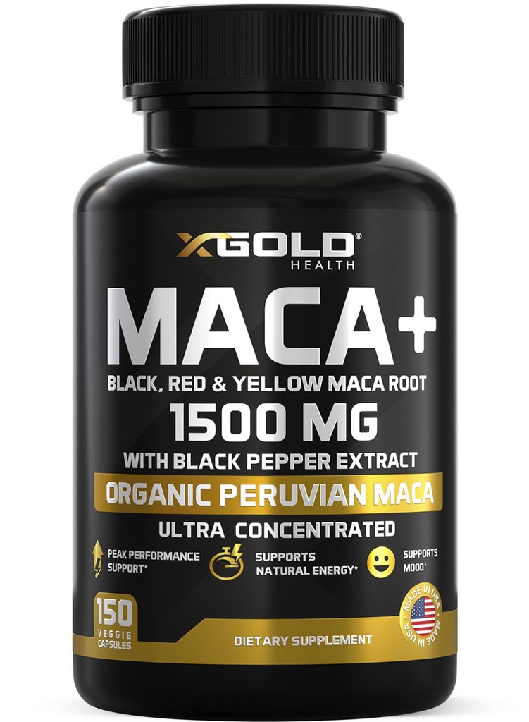 X Gold Health Organic Maca Root Capsules 1500mg - Peruvian Black, Red & Yellow Maca - Energy, Stamina, Libido & Hormone Balance Support for Men & Women - Vegan, Non-GMO - 150 Veggie Capsules