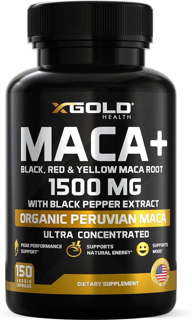 X Gold Health Organic Maca Root Powder Capsules 1500mg with Black 12.4; Red & Yellow Peru Root Extract Glatinized, Energy & Mood Supplemen & Women + Black Pepper untuk Best Benefits
