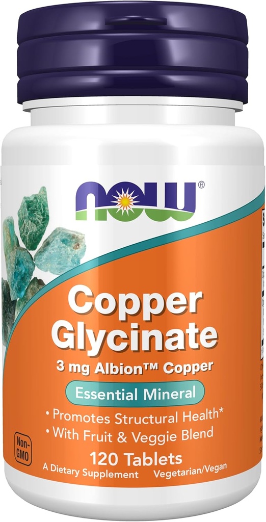 NOW Foods Supplements, Copper Glycinate con cobre 3mg Albion, promove a saúde estrutural*, 120 Tablets, Light Gray, Tan