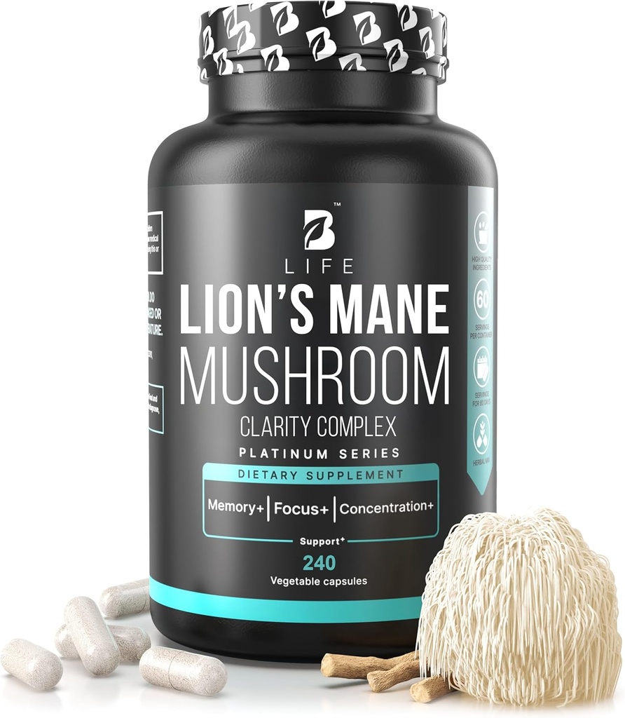 Leone’s Mane Mushroom Capsule – Memoria, Focus & Clarity – Integratore del cervello nootropico con Ashwagandha, Thiamin (B1), Magnesio L-Threonate – Supporto cognitivo e cerebrale per l’energia mentale, 240 Caps