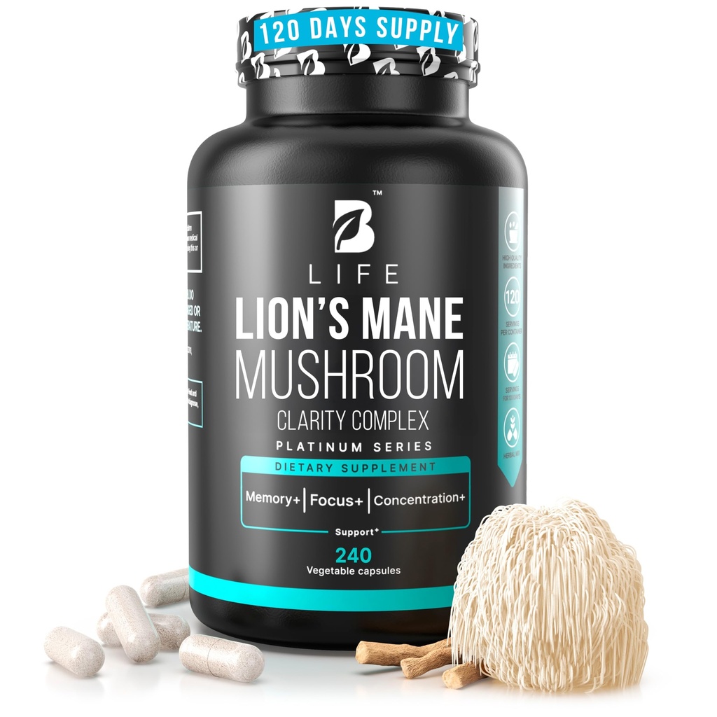Lion’s Mane Mushroom Capsules – Memory, Focus & Clarity – Nootropic Brain Supplement with Ashwagandha, Thiamin (B1), Magnesium L-Threonate – Cognitive and Brain Support for Mental Energy, 240 Caps