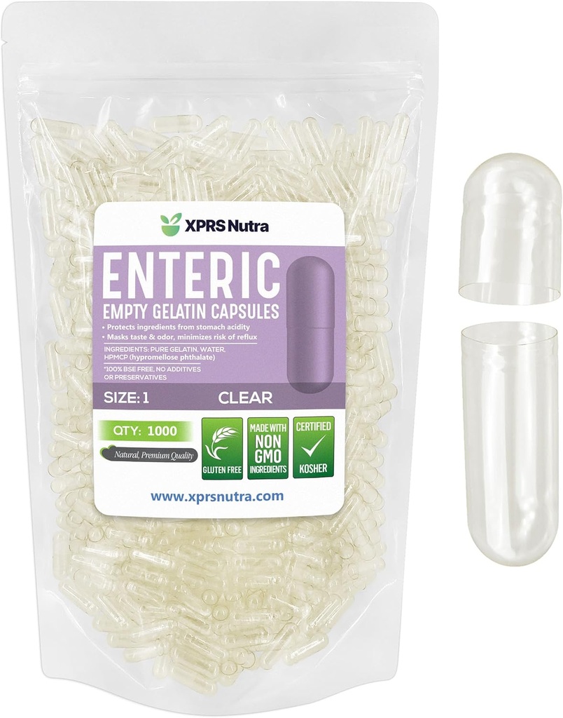 XPRS Nutra Size 1 Empty Capsules - 1000 Count Clear Enteric Coated Empty Gelatin Capsules - Delayed Release Pills - DIY Caps Filling - Pure Bovine Enteric Gel Caps