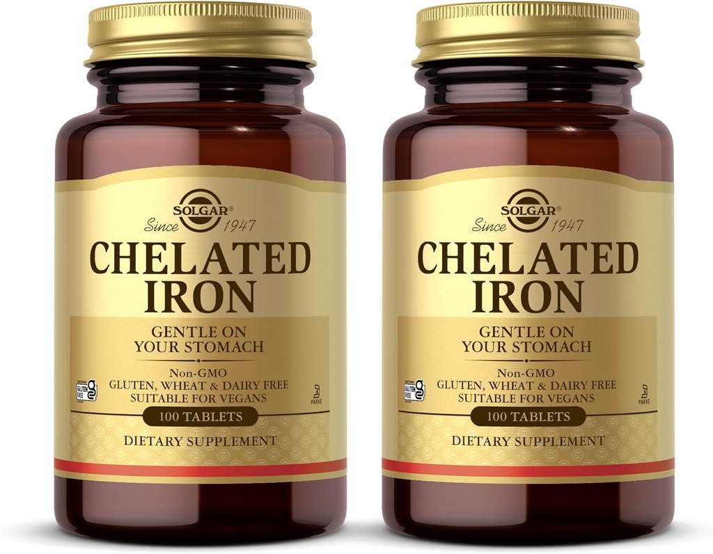 Solgar Chelated Iron - 100 Tablets, Paquete de 2 - Gentle on Your Stomach - Non-GMO, Vegan, Gluten Free, Dairy Free, Kosher - 200 Total Serving