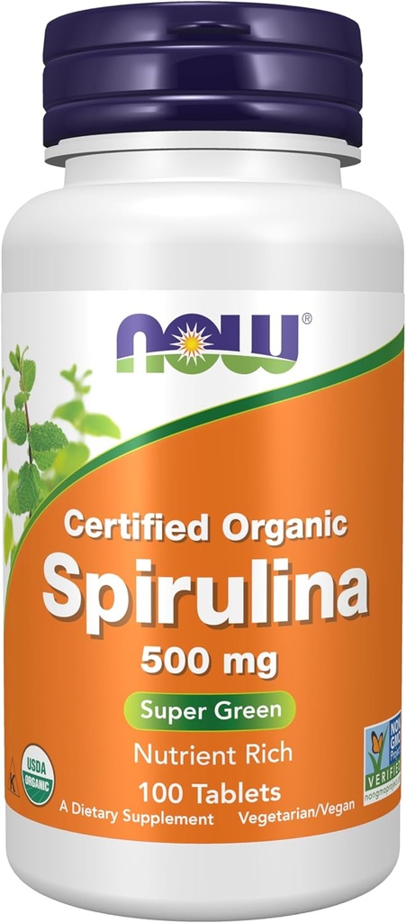 NU Kosttilskudd, organisk Spirulina 500 mg med vitaminer, mineraler og GLA (Gamma-Linolenic Acid), 100 tabletter