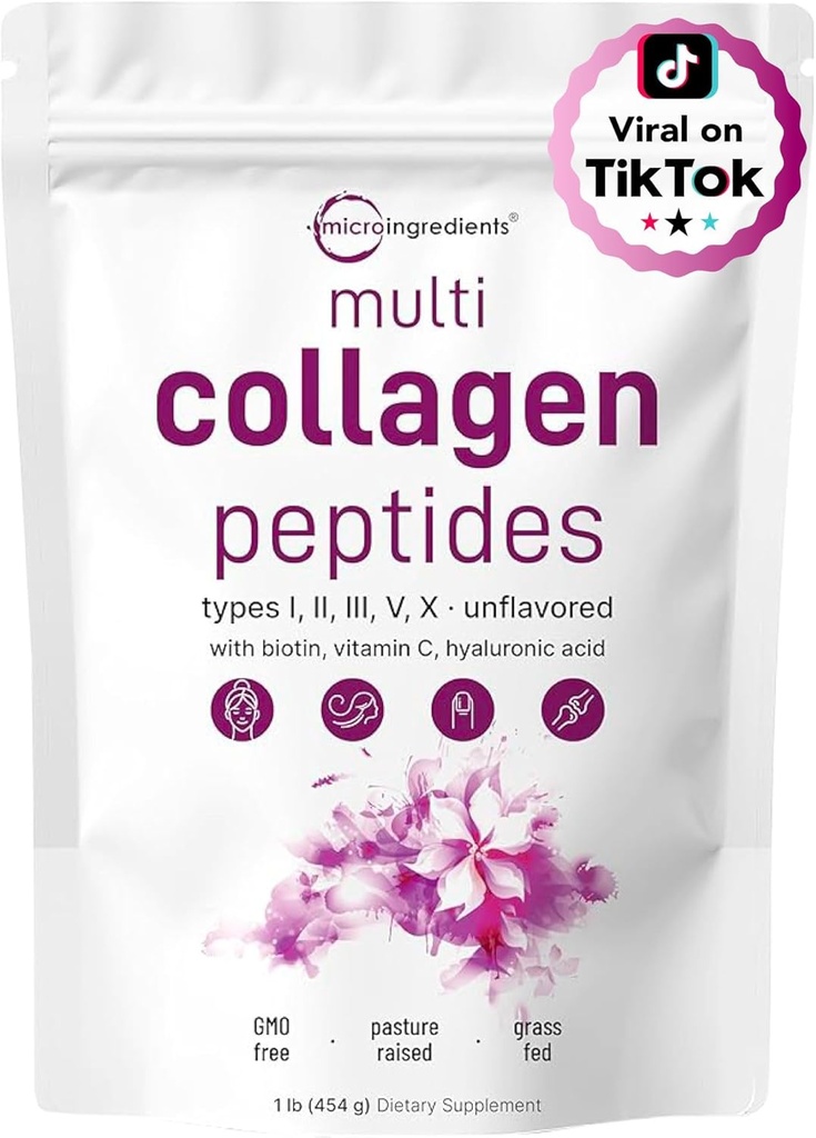 Micro Ingredients Multi Collagen Peptider Powder, 16oz124; Full Spectrum Type I, II, III, V, X + Biotin, Hyaluronsyre, & C-vitamin; 124; Unflavored Medic124; Keto & Paleo Friendly Medical 124; Non- GMO