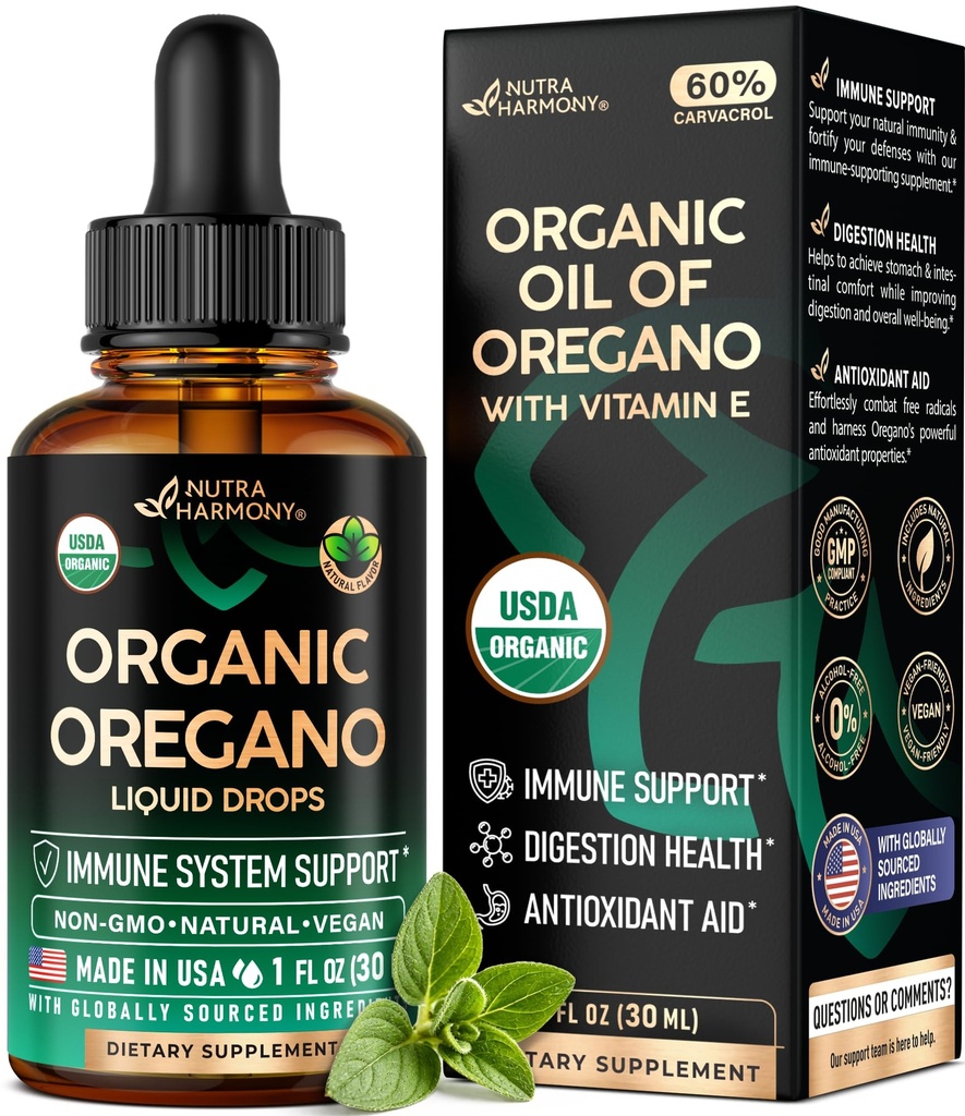 USDA Organic Oil of Oregano - Liquid Drops with Vitamin E - Supplement for Immune Support, Digestion Health & Antioxidant - GMO Free, Vegan & Natural - As Pills, Capsules, Softgels - 1 fl oz