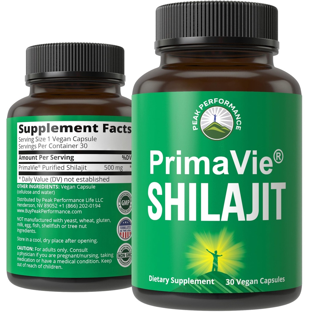 PrimaVie Purified Shilajit Capsules Made with Pure Shilajit Powder. Clinically Tested Natural Supplement with 40+ Trace Minerals, Fulvic Acid. Tablets Support Mitochondria + Brain Function