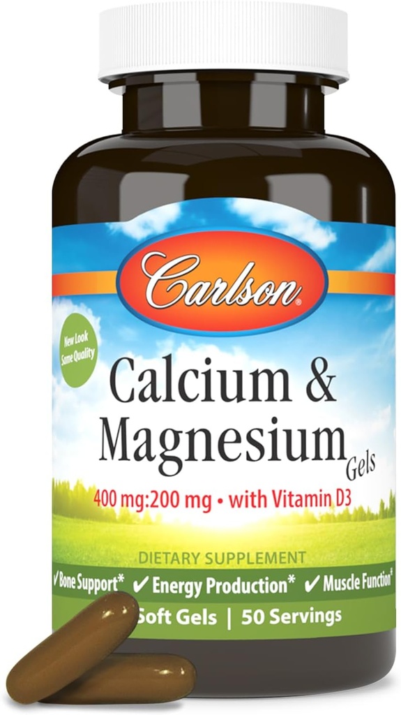 Carlson - Cal-Mag Gels, 2:1 Calcium Magnesium Ratio, Bone Support, Energia Ekoizpena, 100 gel bigun
