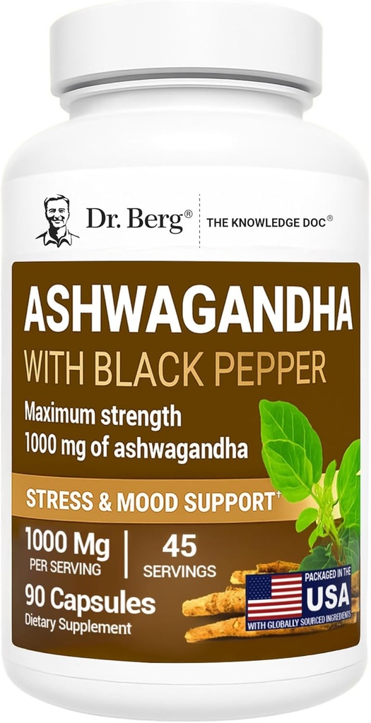 Dr. Berg Ashwagandha Capsules 1000mg - termasuk Akar Ashwagandha dengan Black Pepper dari Bioperin - Ashwagandha Suplemen 90 Kapsul