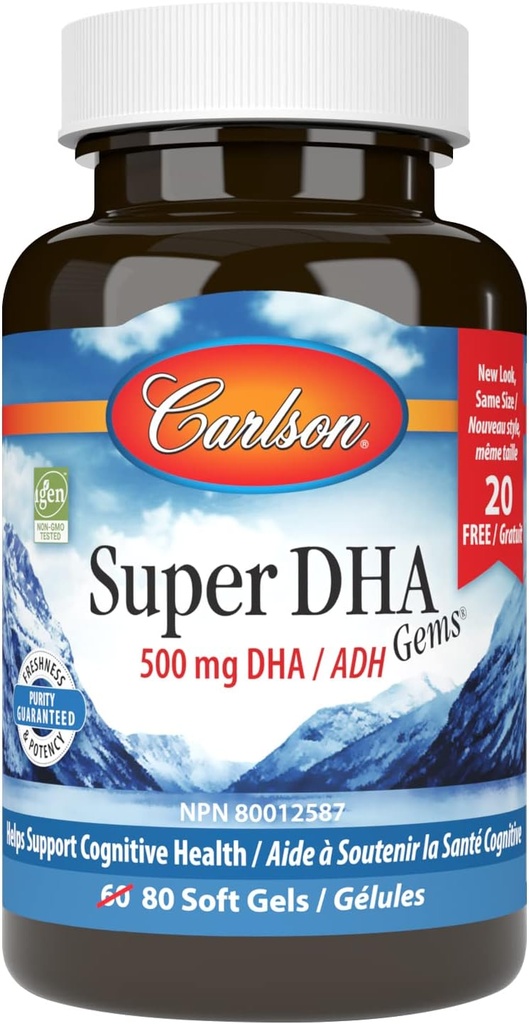 Carlson - Super DHA Gems, 500 mg DHA suplementaris, 640 mg Fatty Acids, Petroli de peix noruec a l'Àrtic, Sutainlyd Nosule Phooks, 60+20 Softlis