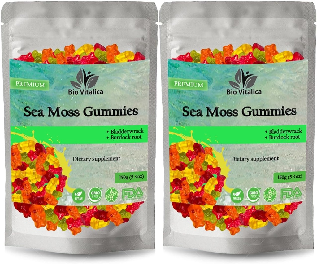 BIO VITALICA Sea Moss Gummies - Bladderwrack & Burdock Root - Wildcrafted Gel + Powder - Vegan, Keto, Ez-GMO, Gluten-Free - Fruity Mineral-Rich Gummies - 50 Count (2 Pack)