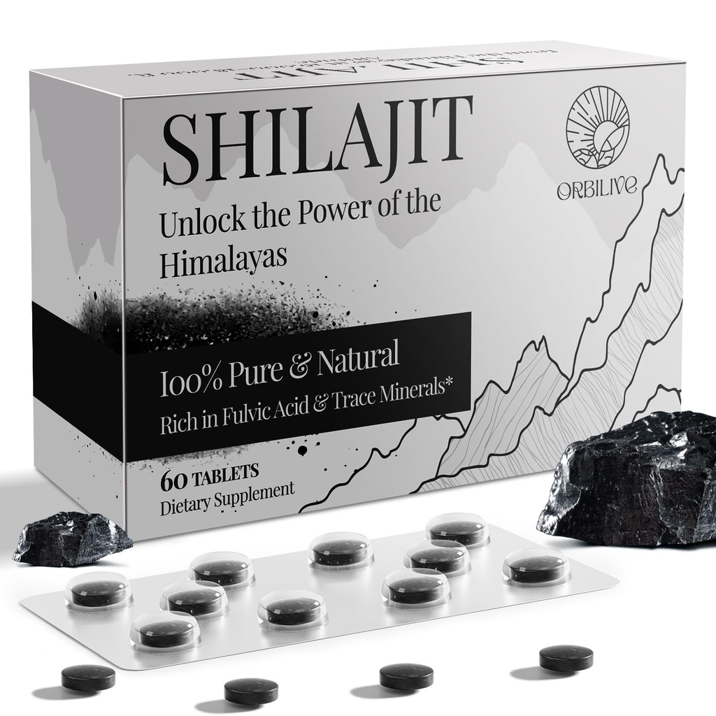 Shilajit Tablets 1000 MG, 100% Himalayan Organic, Shilajit Supplement Rich in Fulvic Acid & 85+ Trace Minerals for Men and Women, Energy & Immune System, 60 Count